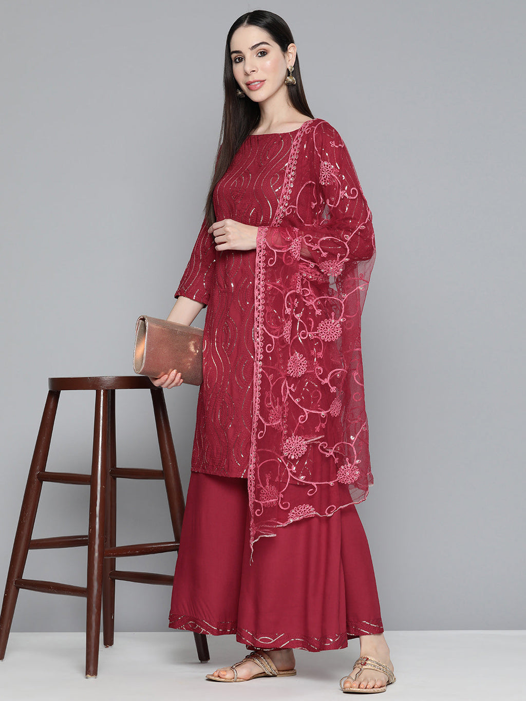 Jompers Women's Maroon Leheriya Sequinned Kurta with Palazzos & With Dupatta | Grocsy