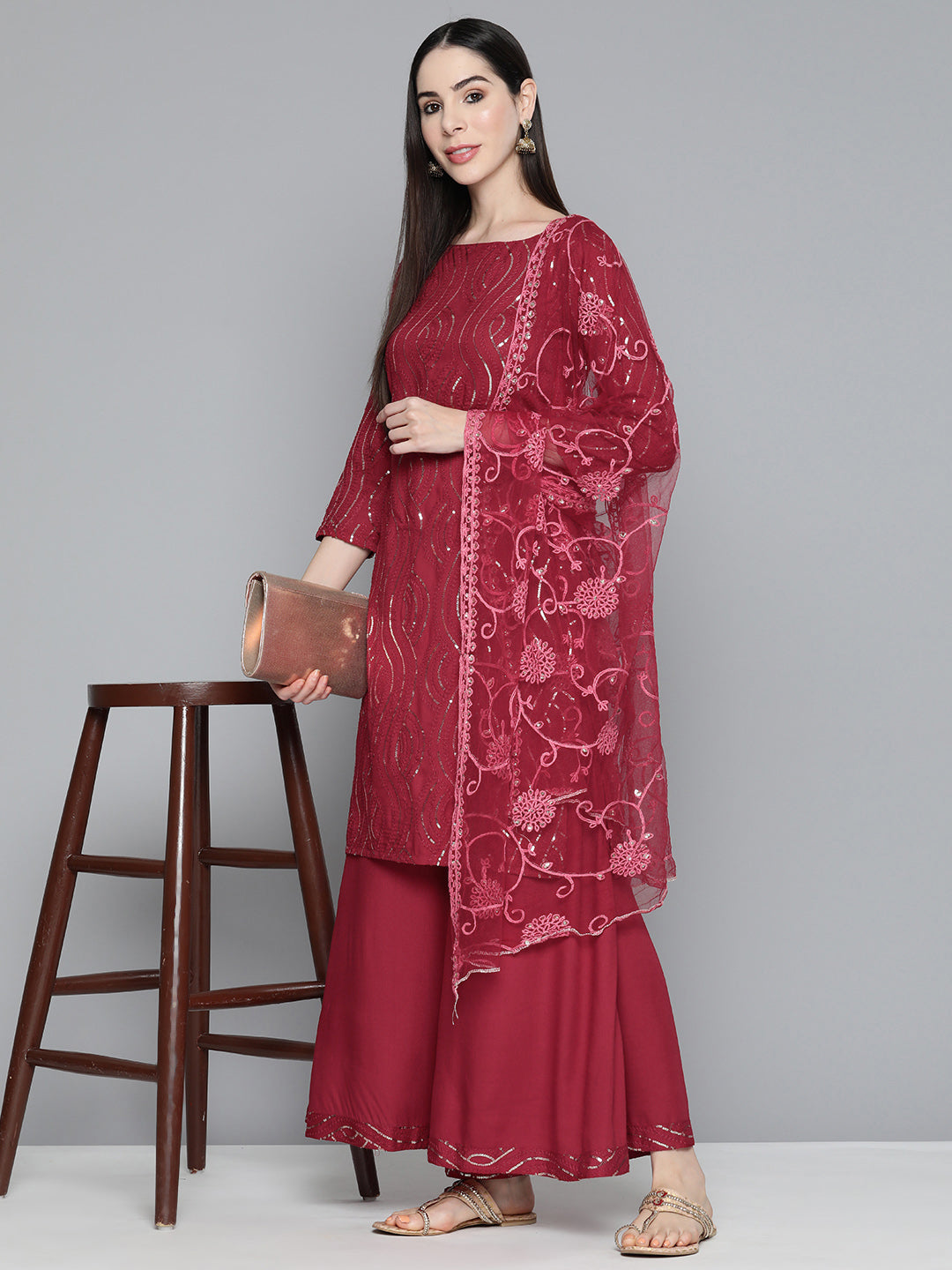 Jompers Women's Maroon Leheriya Sequinned Kurta with Palazzos & With Dupatta | Grocsy