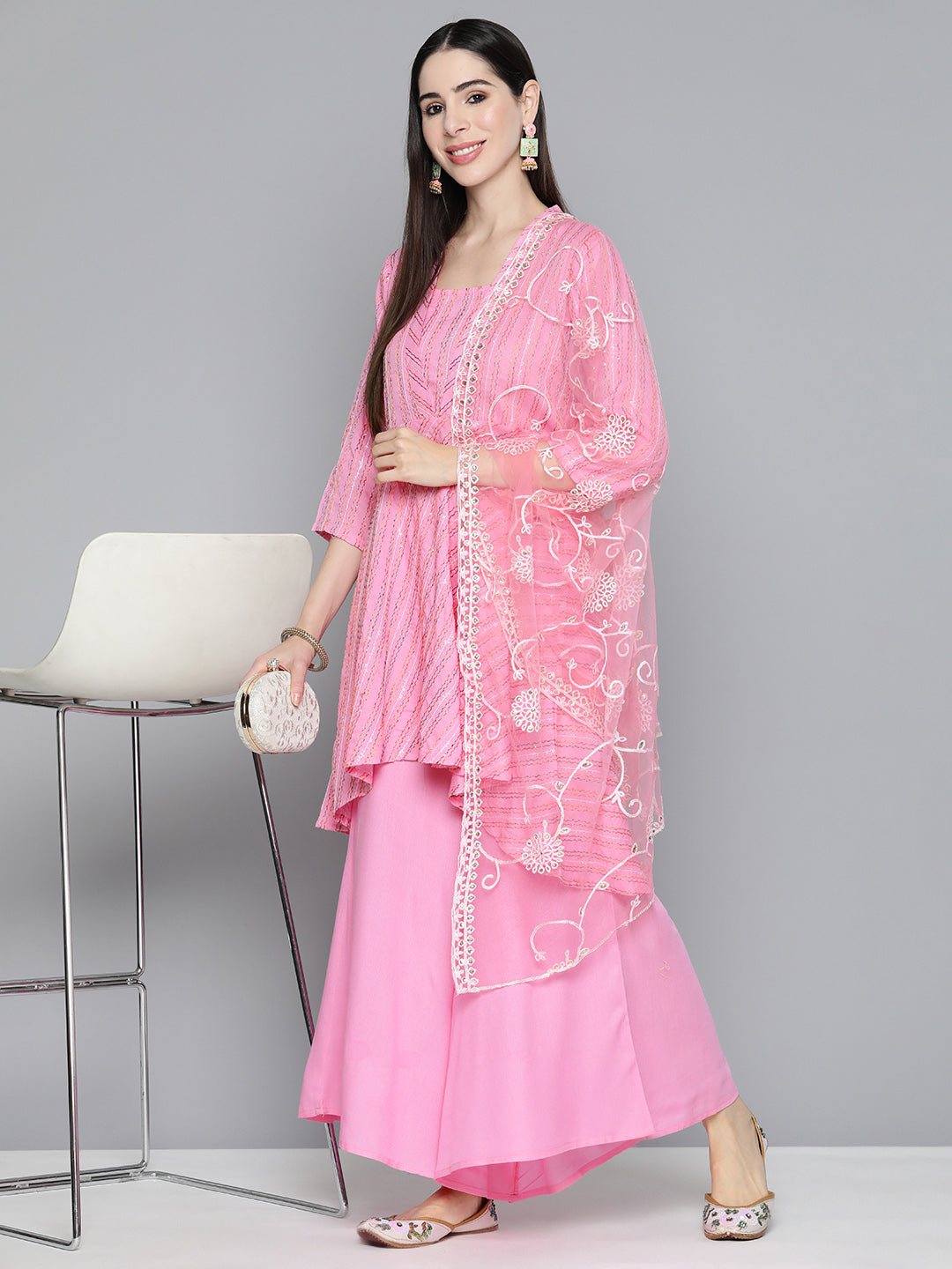 Jompers Women's Pink Sequinned Kurta with Palazzos & With Dupatta | Grocsy