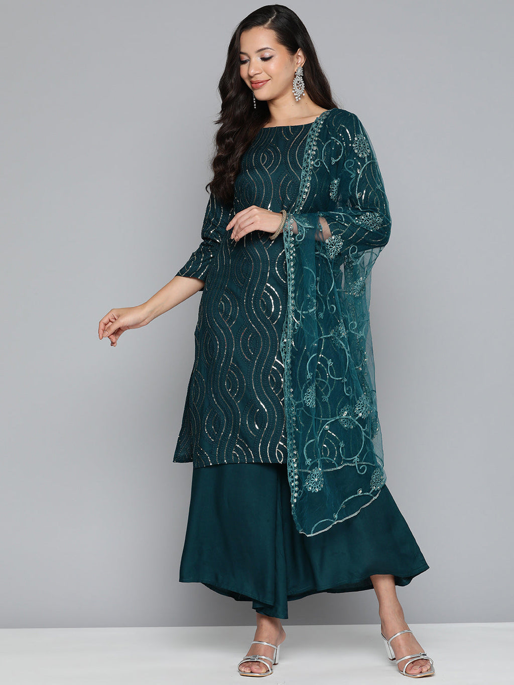 Jompers Women's Teal Leheriya Sequinned Kurta with Palazzos & With Dupatta | Grocsy