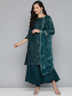Jompers Women's Teal Leheriya Sequinned Kurta with Palazzos & With Dupatta | Grocsy