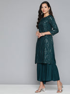 Jompers Women's Teal Leheriya Sequinned Kurta with Palazzos & With Dupatta | Grocsy