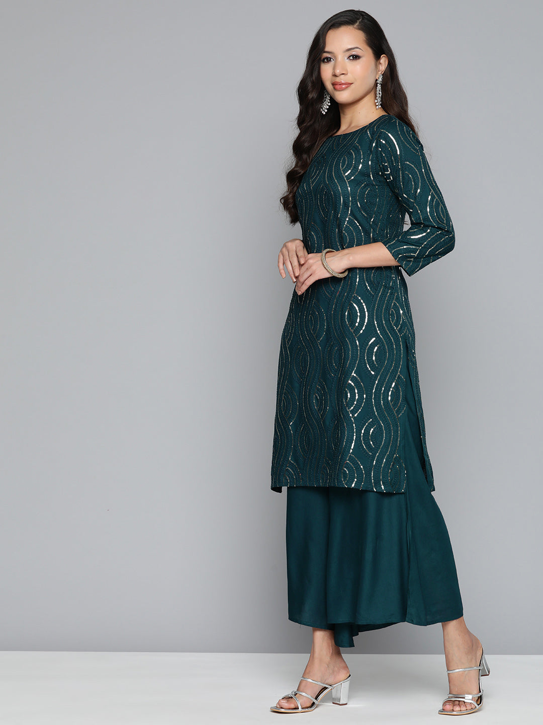 Jompers Women's Teal Leheriya Sequinned Kurta with Palazzos & With Dupatta | Grocsy
