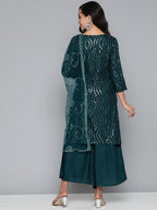 Jompers Women's Teal Leheriya Sequinned Kurta with Palazzos & With Dupatta | Grocsy