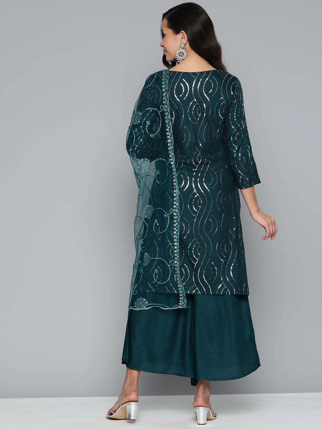Jompers Women's Teal Leheriya Sequinned Kurta with Palazzos & With Dupatta | Grocsy