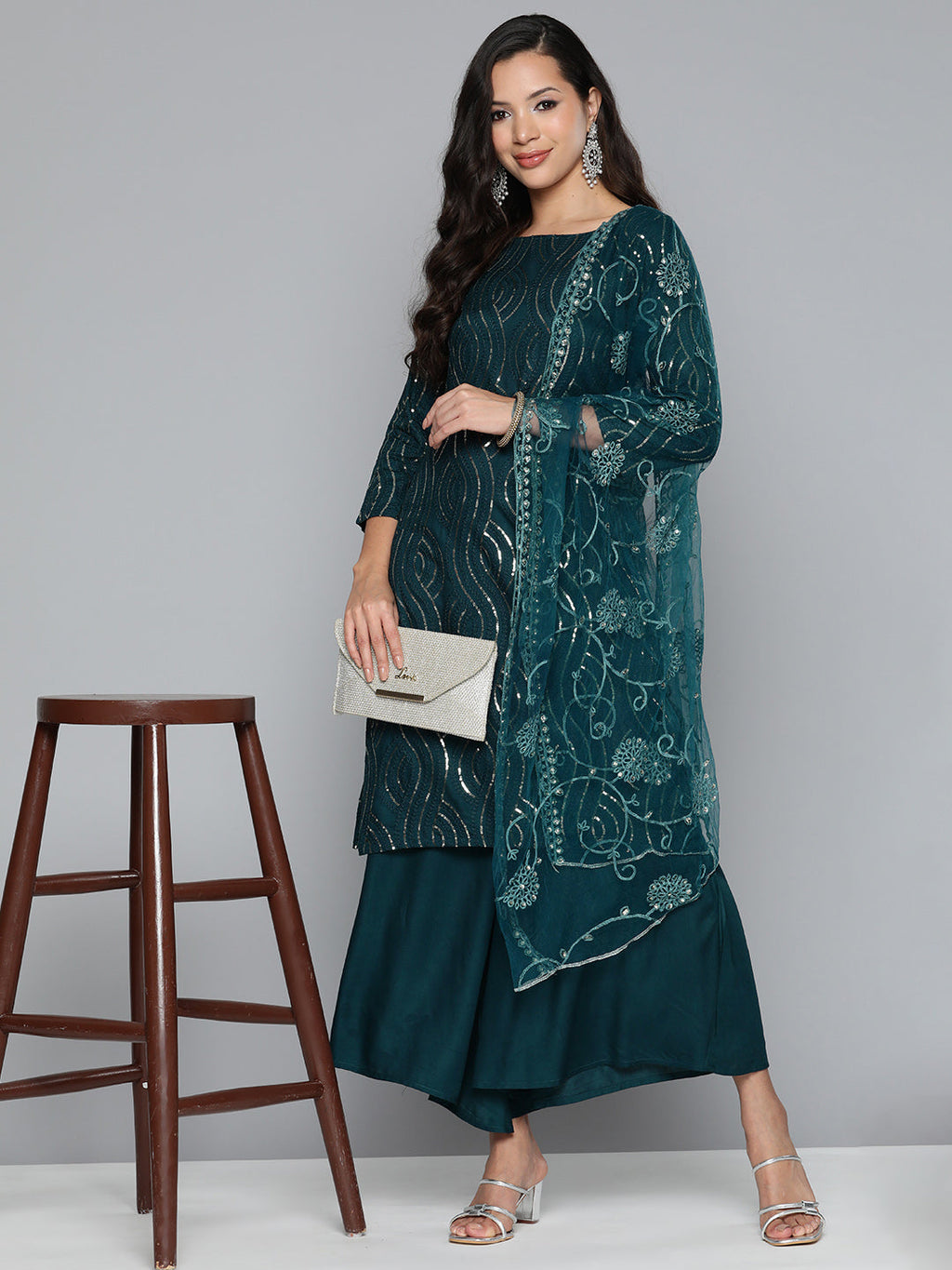 Jompers Women's Teal Leheriya Sequinned Kurta with Palazzos & With Dupatta | Grocsy