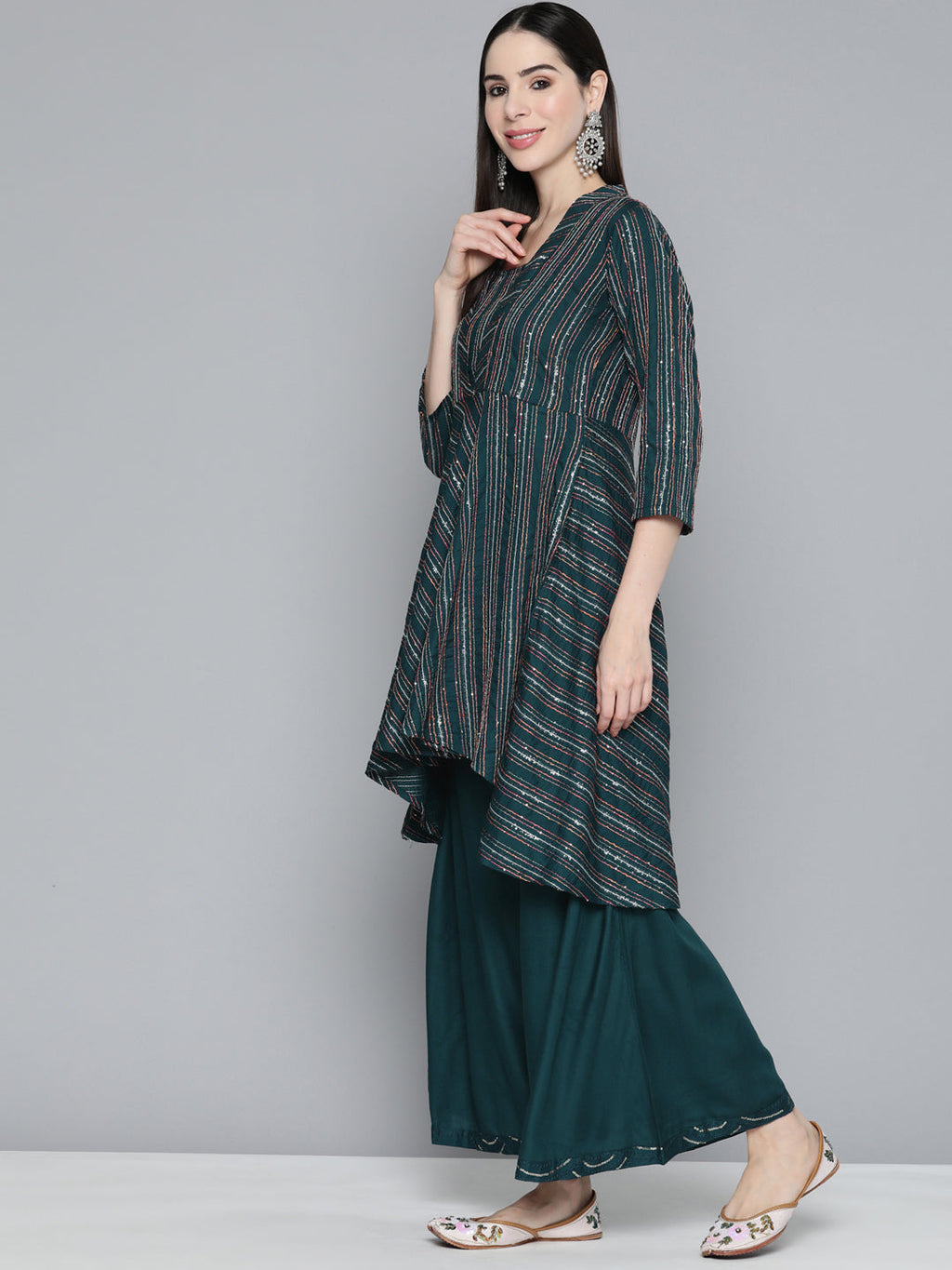 Jompers Women's Teal Sequinned Kurta with Palazzos & With Dupatta | Grocsy