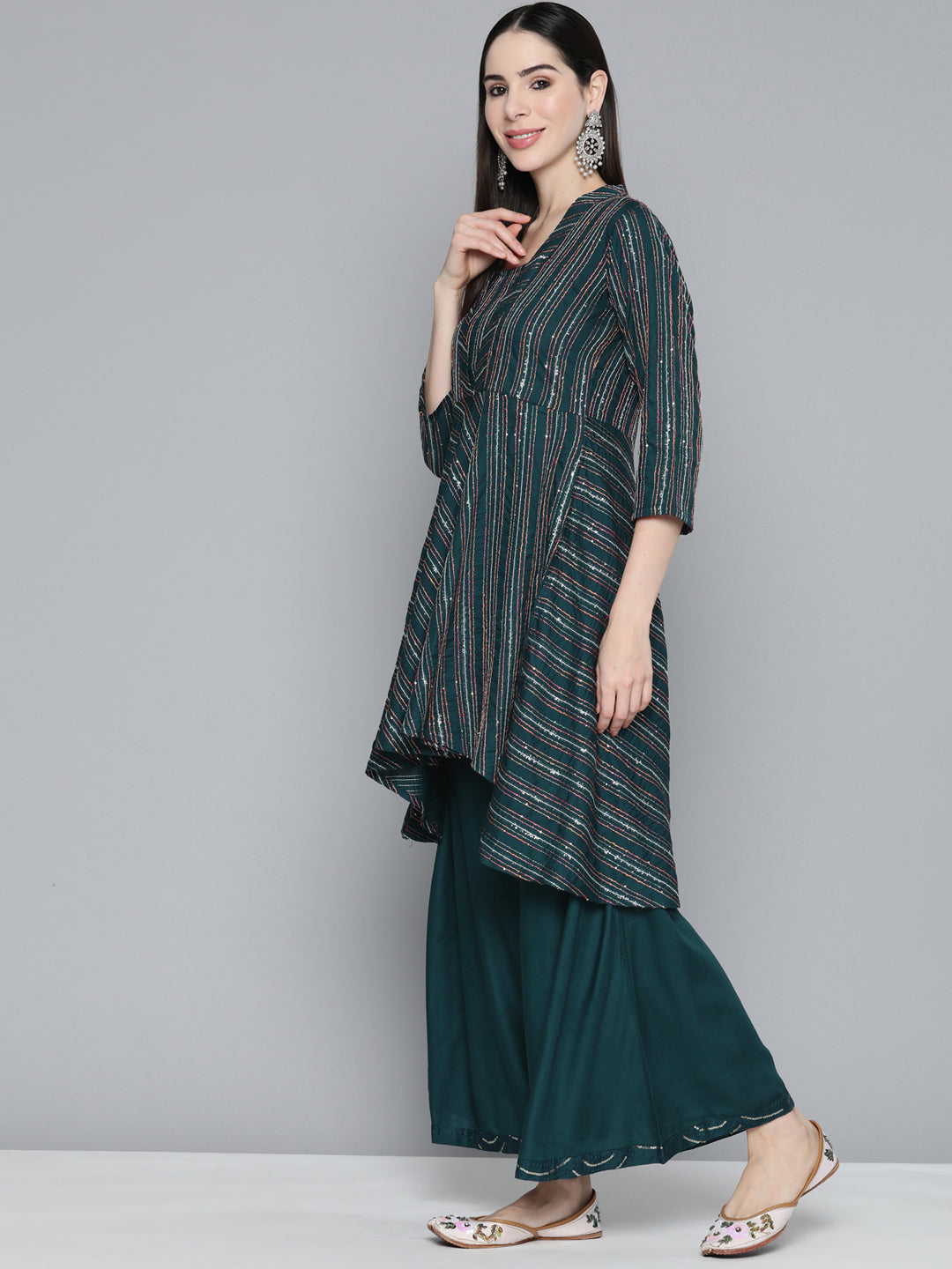 Jompers Women's Teal Sequinned Kurta with Palazzos & With Dupatta | Grocsy