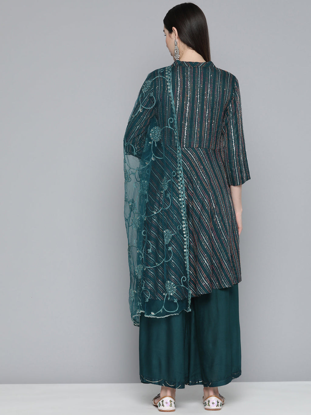 Jompers Women's Teal Sequinned Kurta with Palazzos & With Dupatta | Grocsy