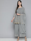 Jompers Women's Floral Printed Pleated Grey Georgette Kurta with Palazzos & With Dupatta | Grocsy