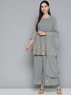 Jompers Women's Floral Printed Pleated Grey Georgette Kurta with Palazzos & With Dupatta | Grocsy