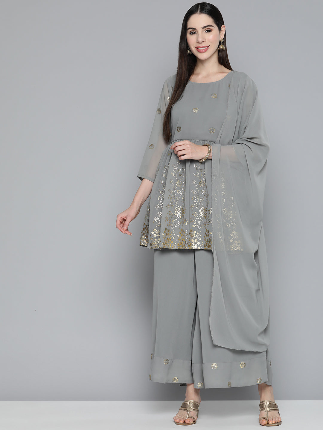 Jompers Women's Floral Printed Pleated Grey Georgette Kurta with Palazzos & With Dupatta | Grocsy