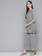 Jompers Women's Floral Printed Pleated Grey Georgette Kurta with Palazzos & With Dupatta | Grocsy