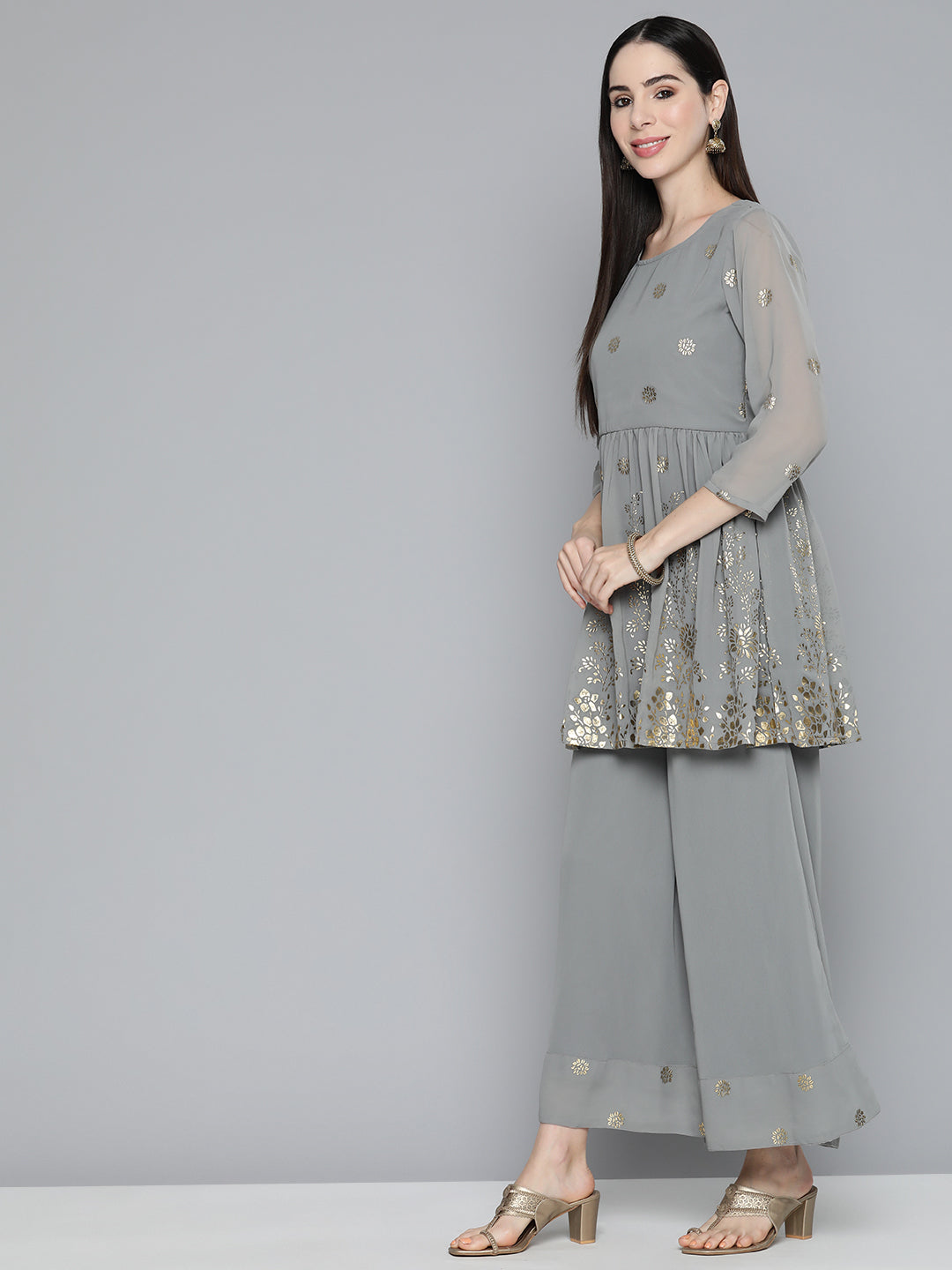 Jompers Women's Floral Printed Pleated Grey Georgette Kurta with Palazzos & With Dupatta | Grocsy