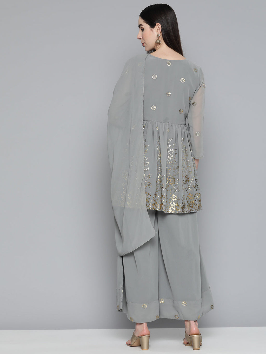 Jompers Women's Floral Printed Pleated Grey Georgette Kurta with Palazzos & With Dupatta | Grocsy