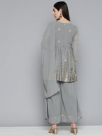 Jompers Women's Floral Printed Pleated Grey Georgette Kurta with Palazzos & With Dupatta | Grocsy