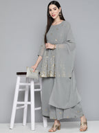 Jompers Women's Floral Printed Pleated Grey Georgette Kurta with Palazzos & With Dupatta | Grocsy