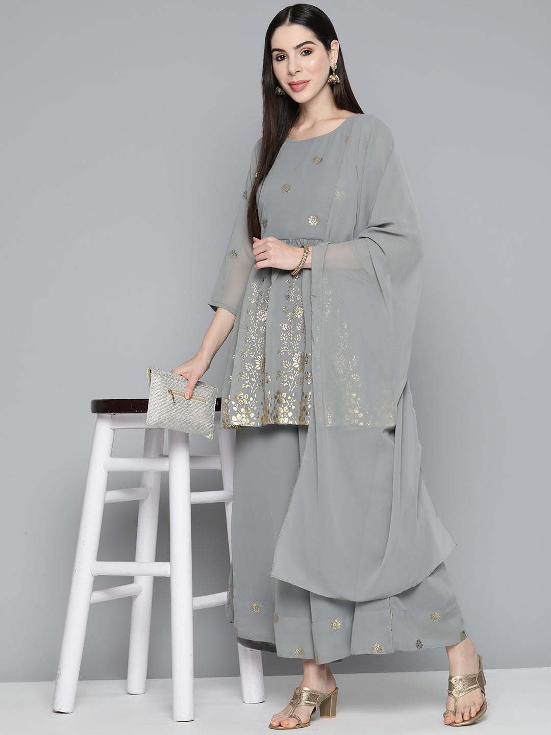 Jompers Women's Floral Printed Pleated Grey Georgette Kurta with Palazzos & With Dupatta | Grocsy