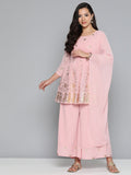 Jompers Women's Floral Printed Pleated Pink Georgette Kurta with Palazzos & With Dupatta | Grocsy