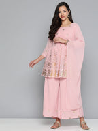 Jompers Women's Floral Printed Pleated Pink Georgette Kurta with Palazzos & With Dupatta | Grocsy