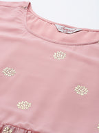 Jompers Women's Floral Printed Pleated Pink Georgette Kurta with Palazzos & With Dupatta | Grocsy