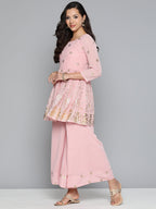 Jompers Women's Floral Printed Pleated Pink Georgette Kurta with Palazzos & With Dupatta | Grocsy