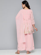 Jompers Women's Floral Printed Pleated Pink Georgette Kurta with Palazzos & With Dupatta | Grocsy