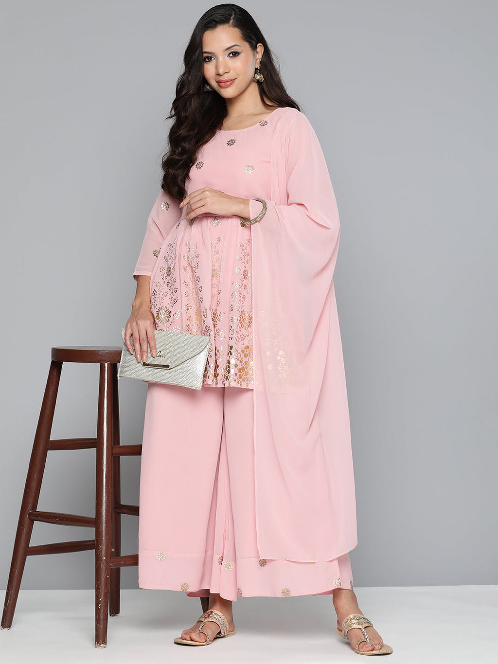 Jompers Women's Floral Printed Pleated Pink Georgette Kurta with Palazzos & With Dupatta | Grocsy