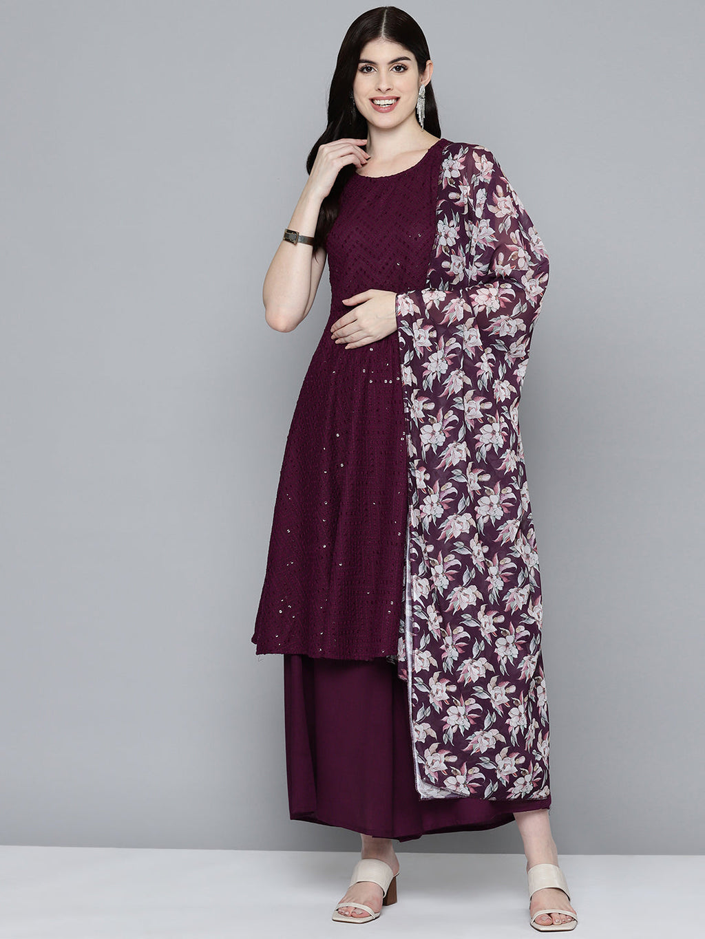 Jompers Women's Embroidered Sequinned Kurta & Palazzos With Dupatta - Purple | Grocsy