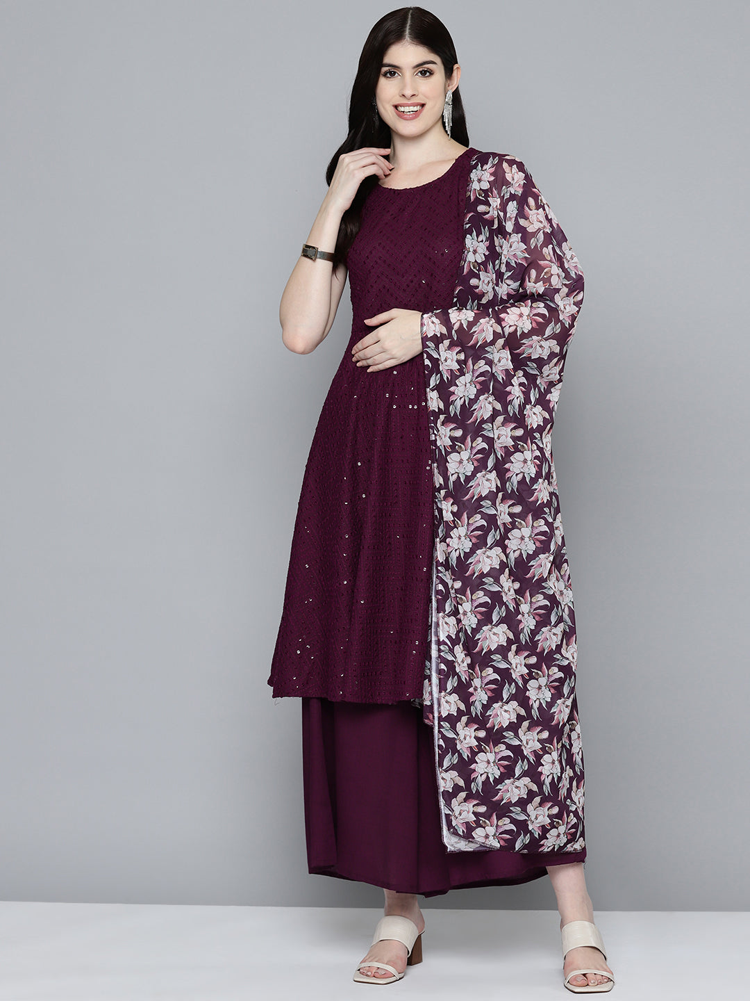 Jompers Women's Embroidered Sequinned Kurta & Palazzos With Dupatta - Purple | Grocsy
