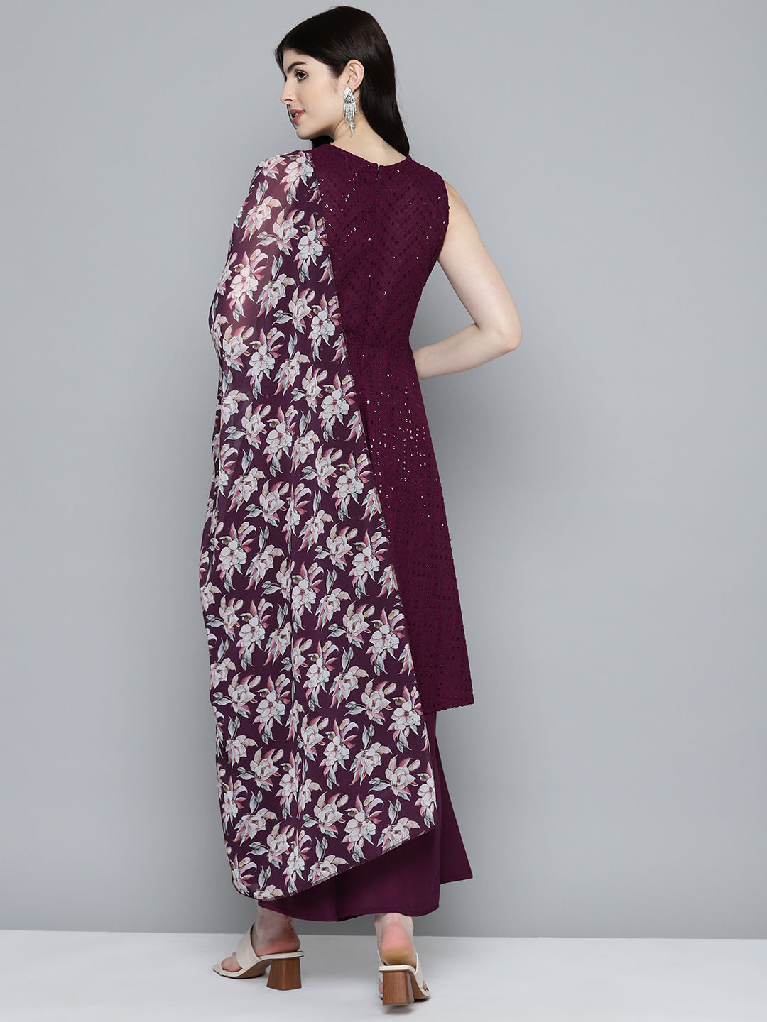 Jompers Women's Embroidered Sequinned Kurta & Palazzos With Dupatta - Purple | Grocsy