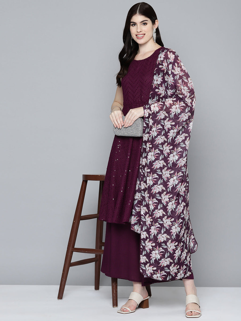 Jompers Women's Embroidered Sequinned Kurta & Palazzos With Dupatta - Purple | Grocsy