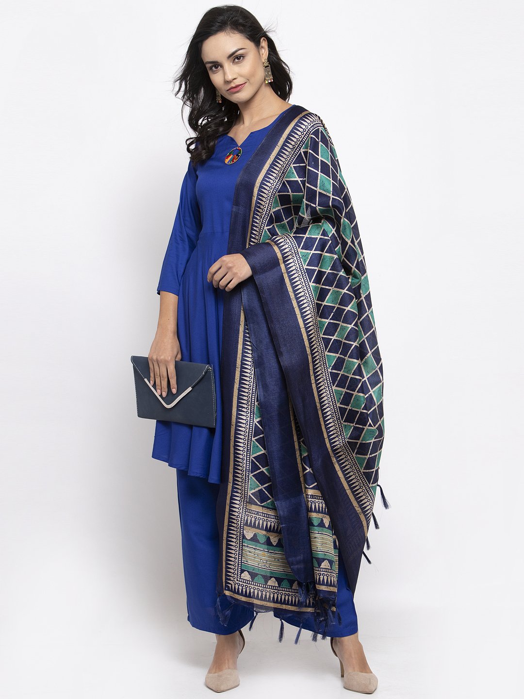 Jompers Women Royal-Blue Solid Kurta with Palazzos & Art-Silk Printed Dupatta | Grocsy