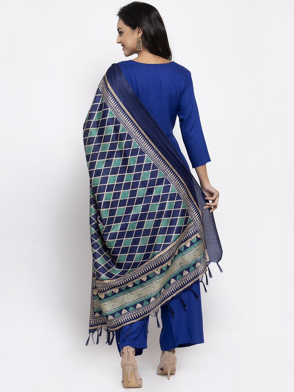 Jompers Women Royal-Blue Solid Kurta with Palazzos & Art-Silk Printed Dupatta | Grocsy