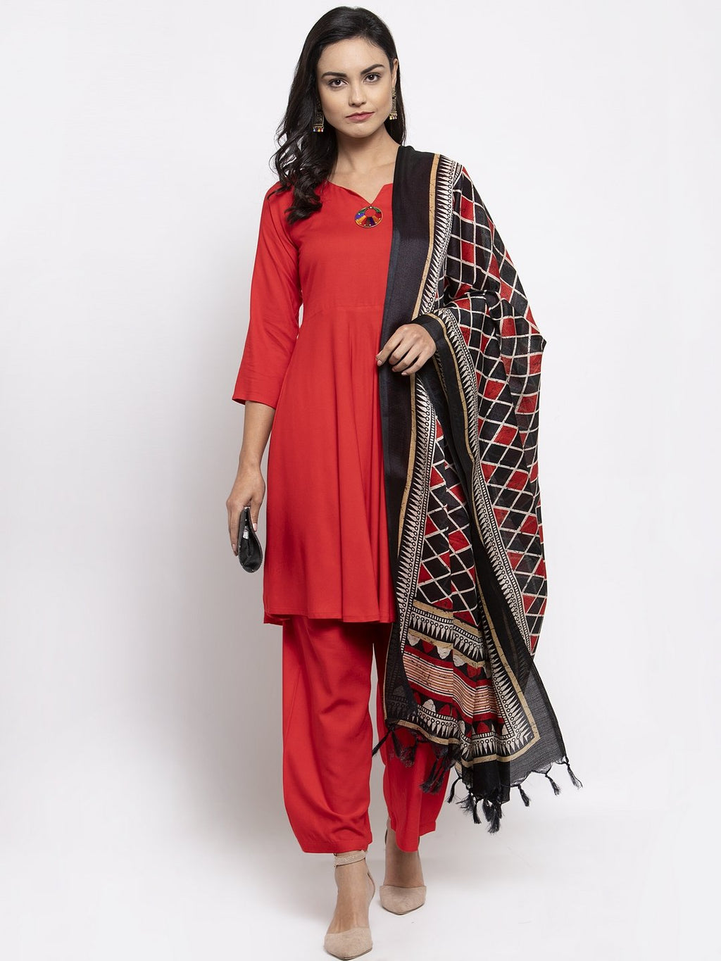Jompers Women Red Solid Kurta with Palazzos & Printed Dupatta | Grocsy
