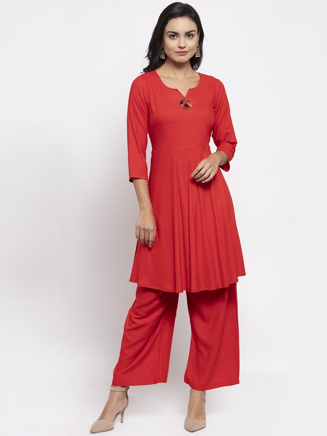 Jompers Women Red Solid Kurta with Palazzos & Printed Dupatta | Grocsy
