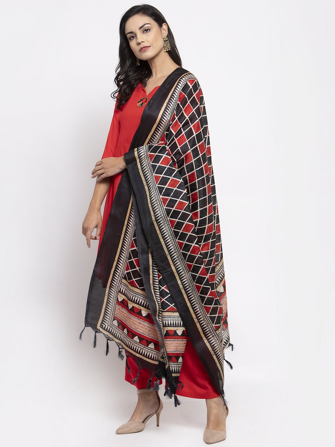 Jompers Women Red Solid Kurta with Palazzos & Printed Dupatta | Grocsy