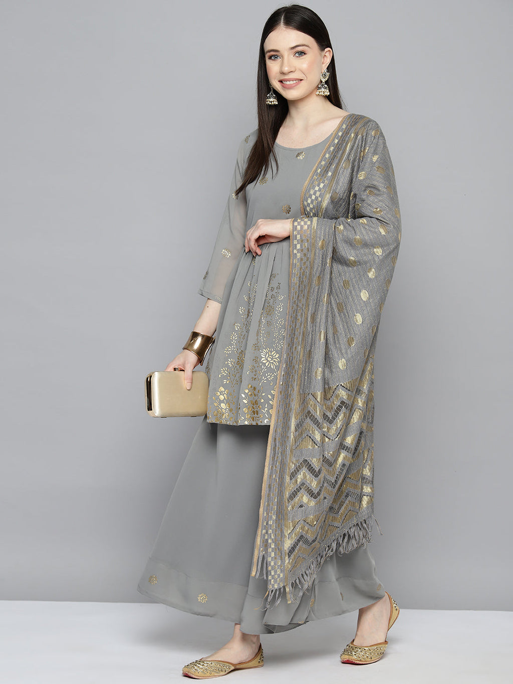 Jompers Women's georgette Foil Print Kurta palazzo Dupatta Set - Grey | Grocsy