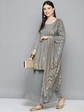 Jompers Women's georgette Foil Print Kurta palazzo Dupatta Set - Grey | Grocsy