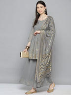 Jompers Women's georgette Foil Print Kurta palazzo Dupatta Set - Grey | Grocsy