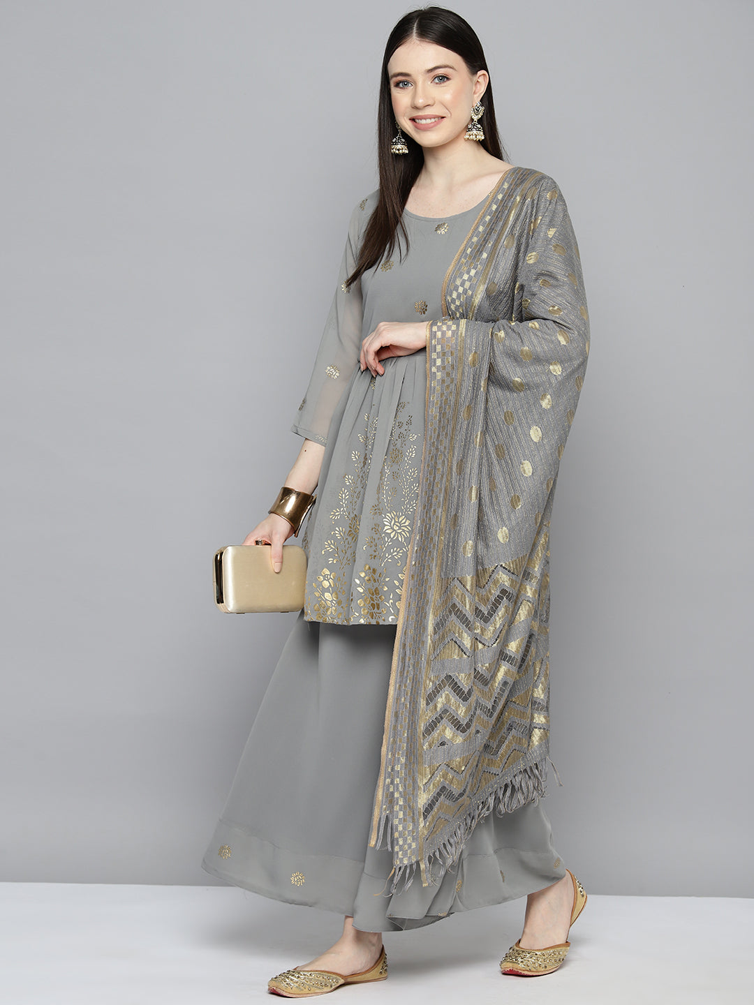 Jompers Women's georgette Foil Print Kurta palazzo Dupatta Set - Grey | Grocsy