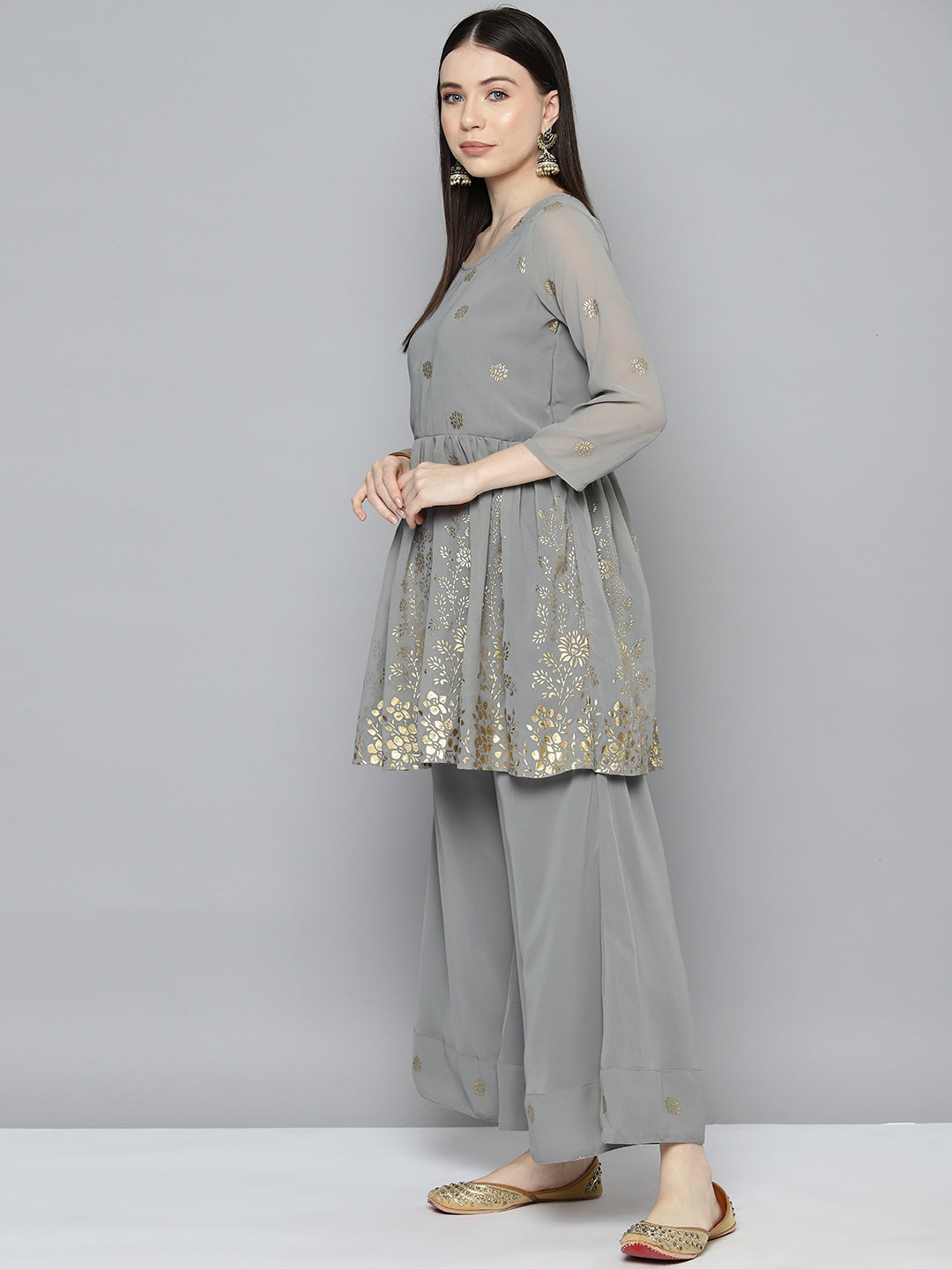 Jompers Women's georgette Foil Print Kurta palazzo Dupatta Set - Grey | Grocsy