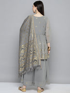 Jompers Women's georgette Foil Print Kurta palazzo Dupatta Set - Grey | Grocsy