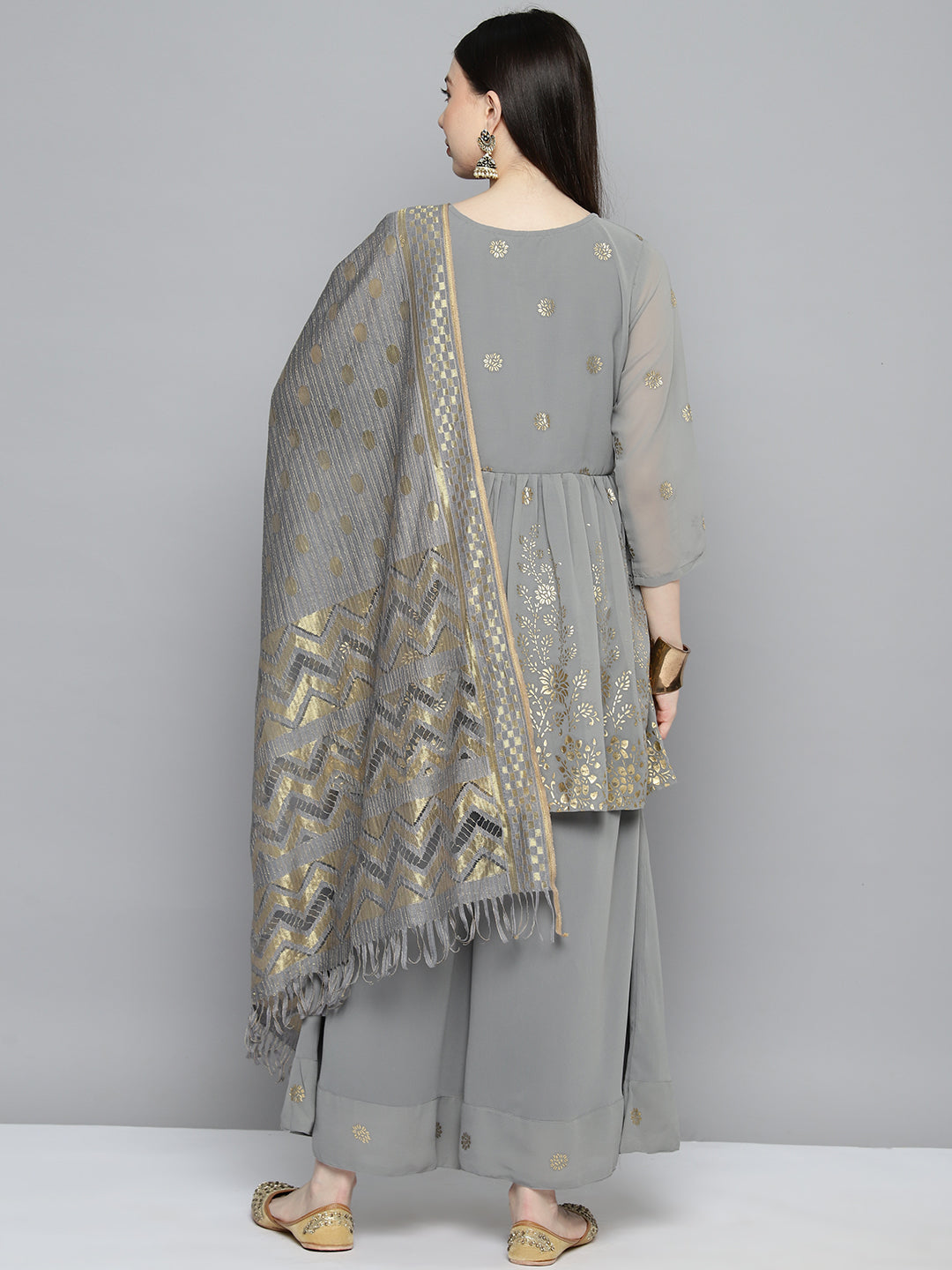 Jompers Women's georgette Foil Print Kurta palazzo Dupatta Set - Grey | Grocsy