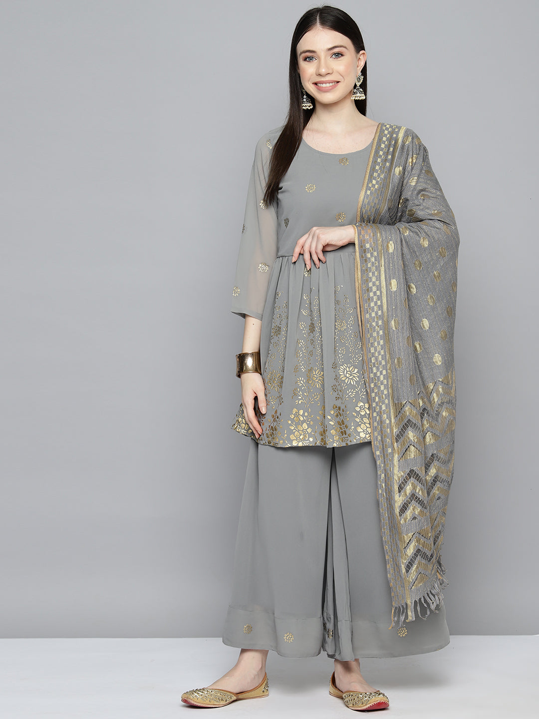 Jompers Women's georgette Foil Print Kurta palazzo Dupatta Set - Grey | Grocsy