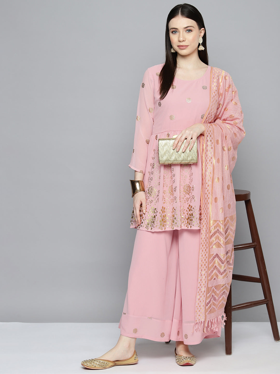 Jompers Women's georgette Foil Print Kurta palazzo Dupatta Set - Pink | Grocsy