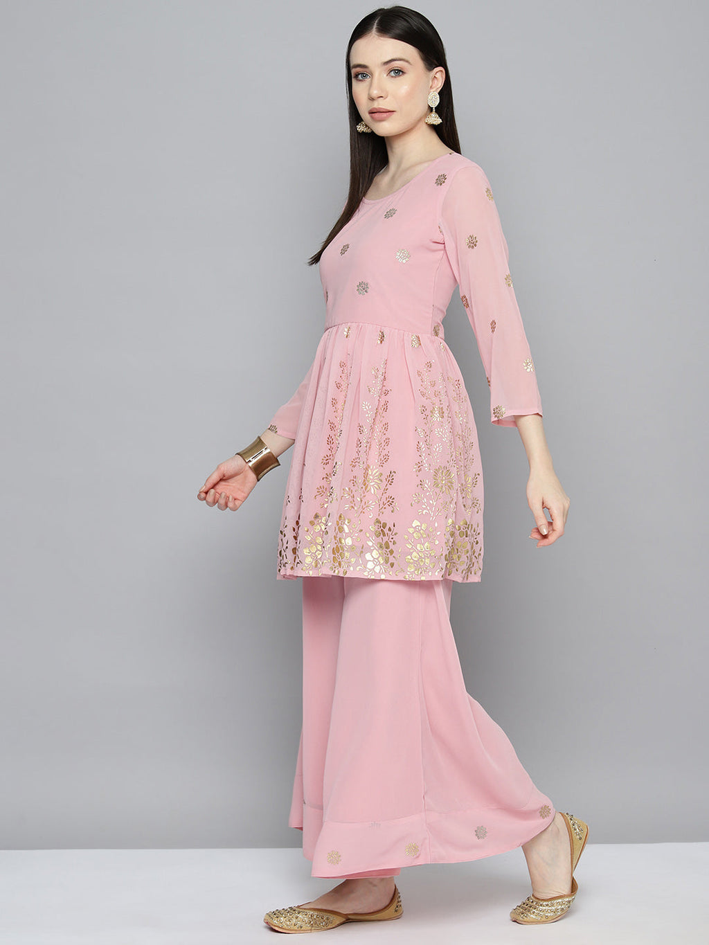 Jompers Women's georgette Foil Print Kurta palazzo Dupatta Set - Pink | Grocsy