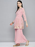 Jompers Women's georgette Foil Print Kurta palazzo Dupatta Set - Pink | Grocsy