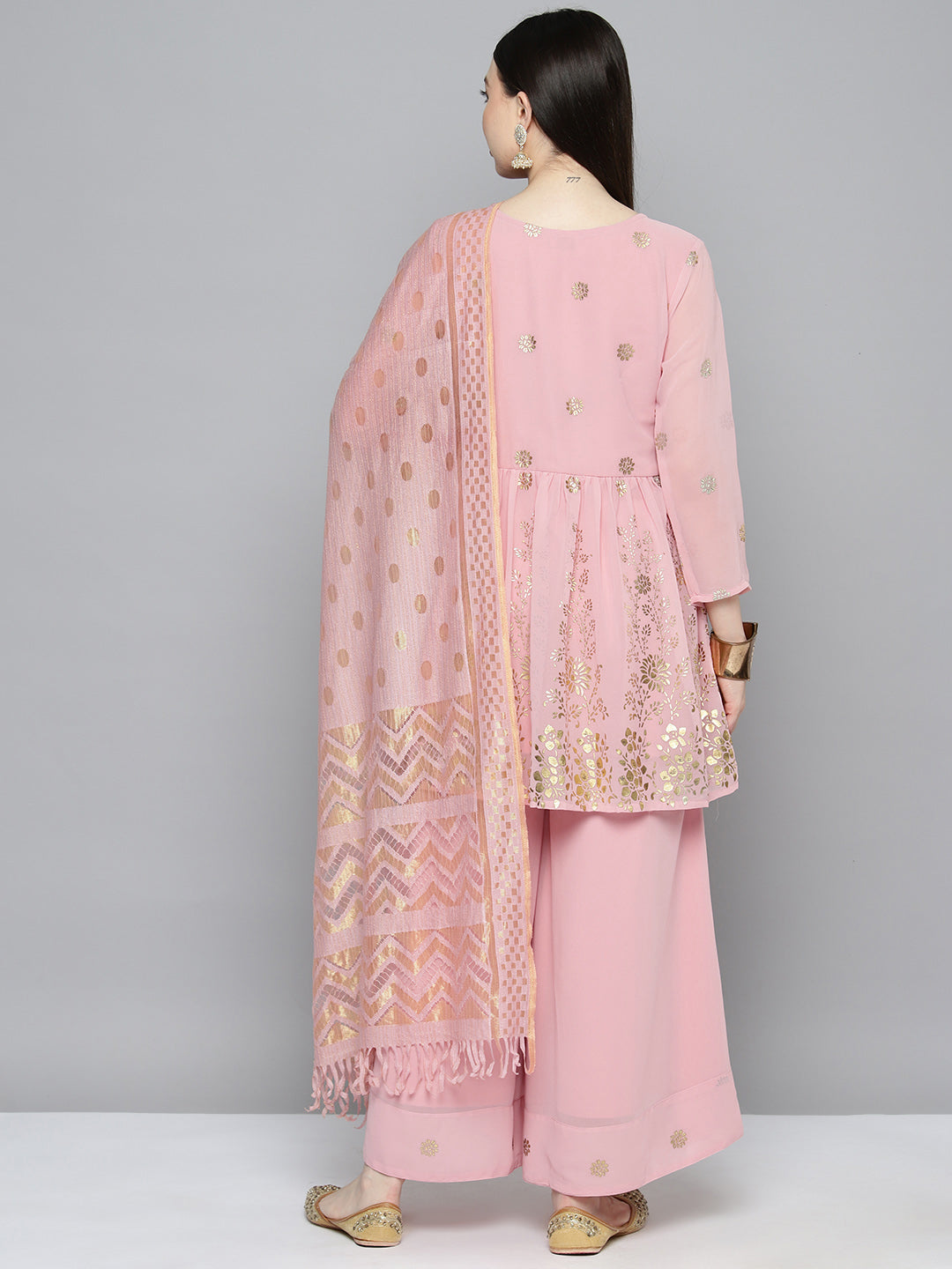 Jompers Women's georgette Foil Print Kurta palazzo Dupatta Set - Pink | Grocsy