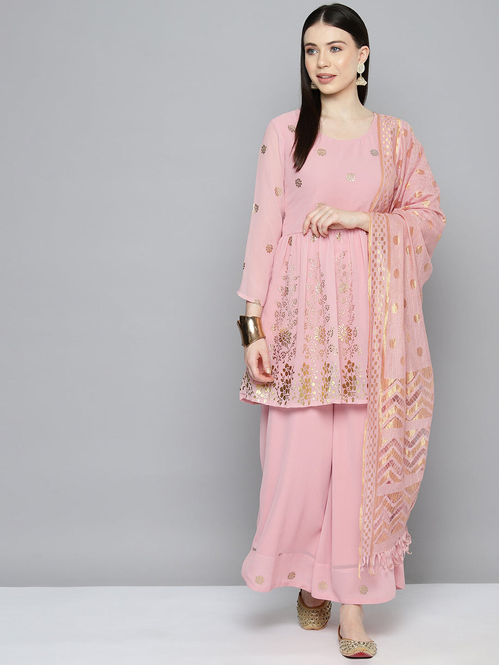 Jompers Women's georgette Foil Print Kurta palazzo Dupatta Set - Pink | Grocsy